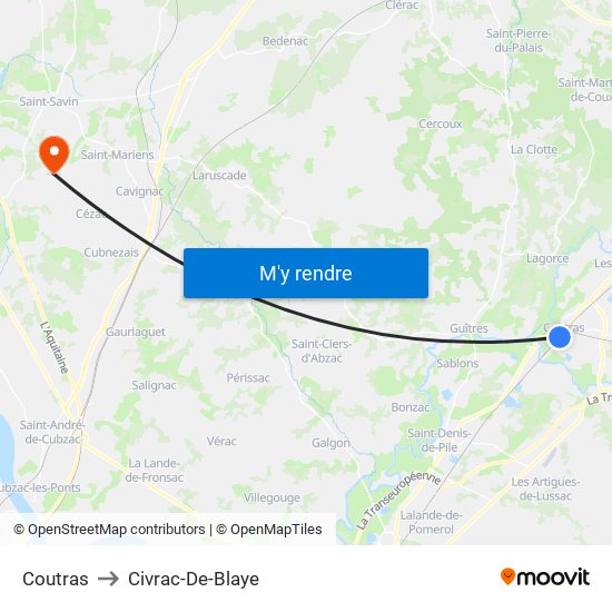 Coutras to Civrac-De-Blaye map