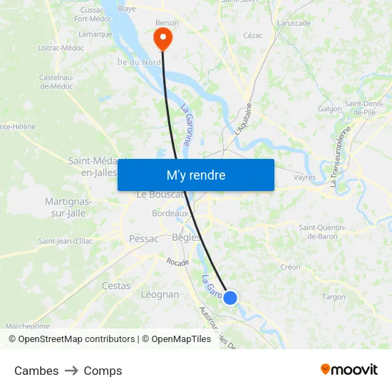 Cambes to Comps map