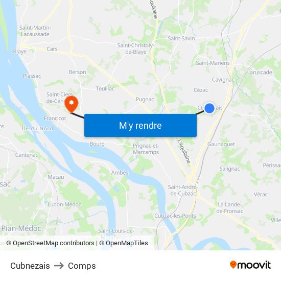 Cubnezais to Comps map