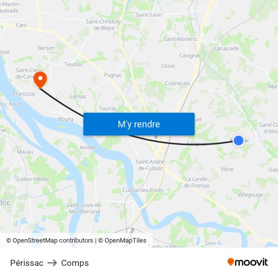 Périssac to Comps map