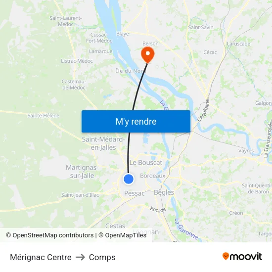 Mérignac Centre to Comps map