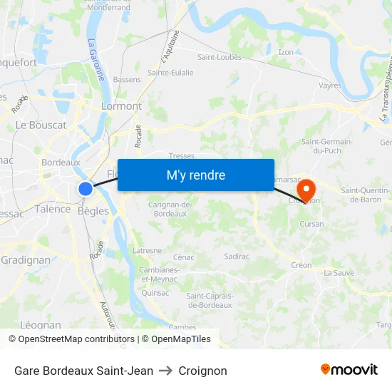 Gare Bordeaux Saint-Jean to Croignon map
