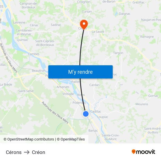 Cérons to Créon map