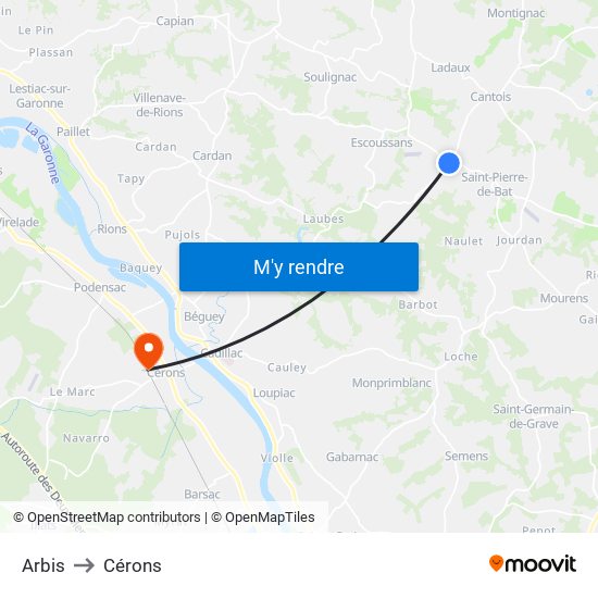 Arbis to Cérons map