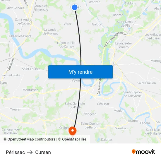 Périssac to Cursan map
