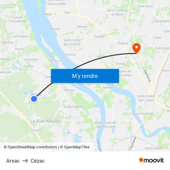 Arsac to Cézac map