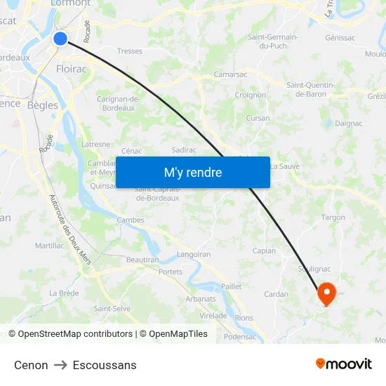 Cenon to Escoussans map
