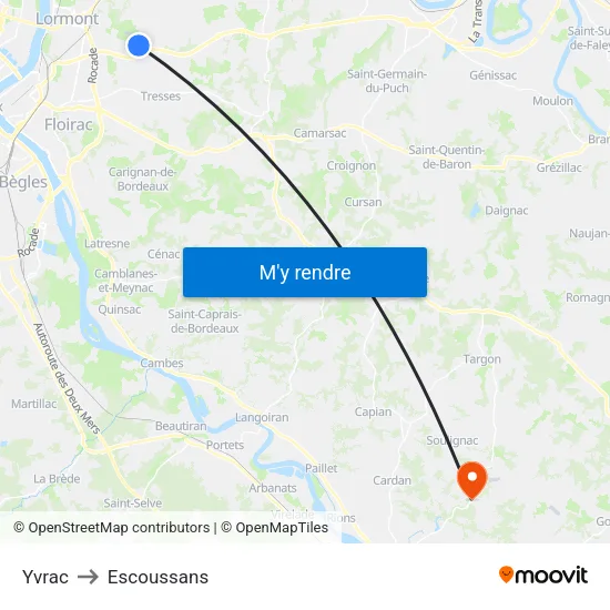 Yvrac to Escoussans map