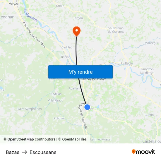 Bazas to Escoussans map
