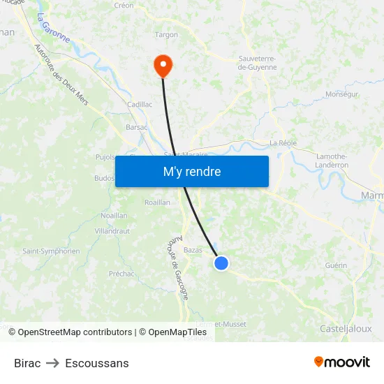 Birac to Escoussans map
