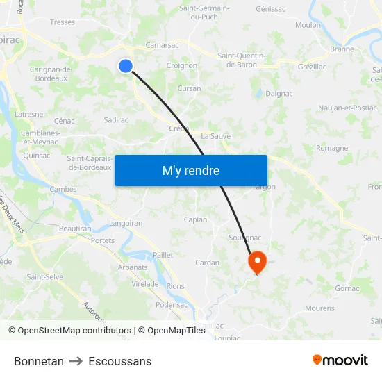 Bonnetan to Escoussans map