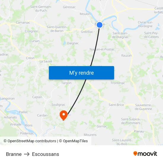 Branne to Escoussans map