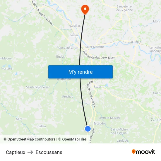 Captieux to Escoussans map