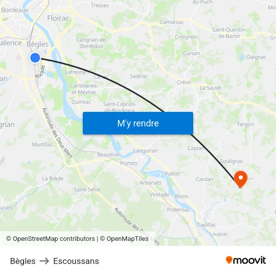 Bègles to Escoussans map