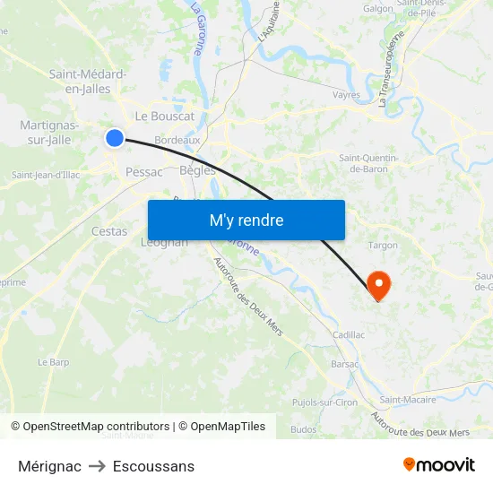 Mérignac to Escoussans map