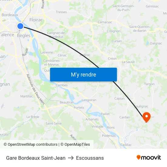 Gare Bordeaux Saint-Jean to Escoussans map