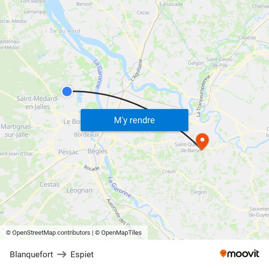 Blanquefort to Espiet map
