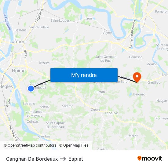 Carignan-De-Bordeaux to Espiet map