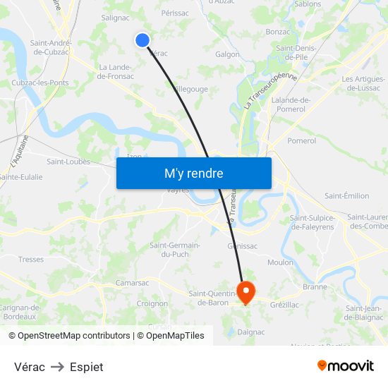 Vérac to Espiet map