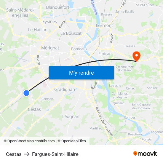 Cestas to Fargues-Saint-Hilaire map
