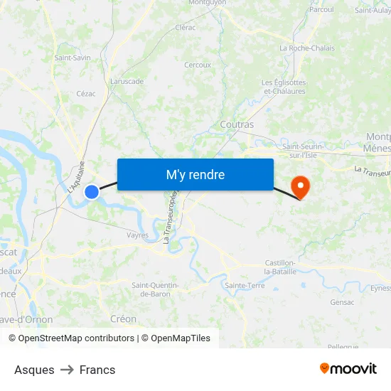 Asques to Francs map