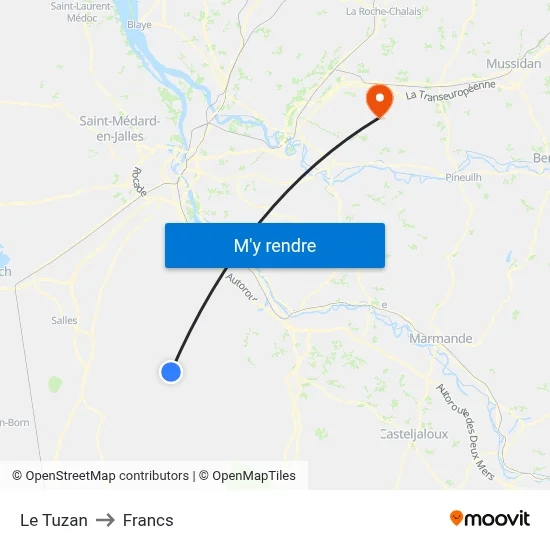 Le Tuzan to Francs map