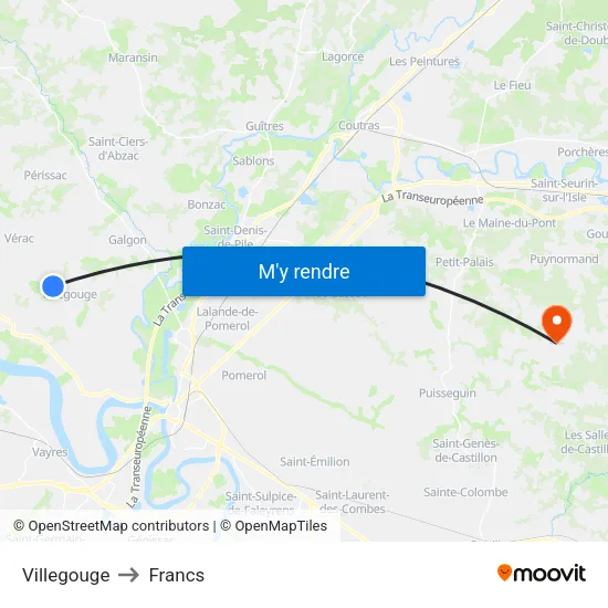 Villegouge to Francs map