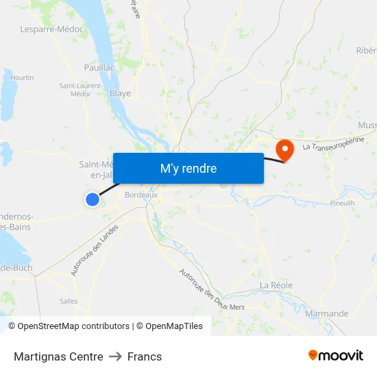 Martignas Centre to Francs map