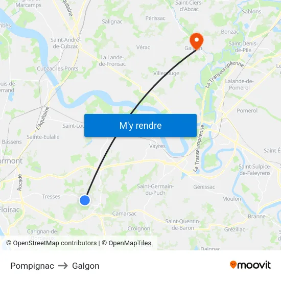 Pompignac to Galgon map