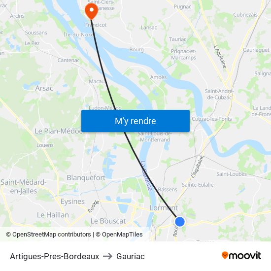 Artigues-Pres-Bordeaux to Gauriac map