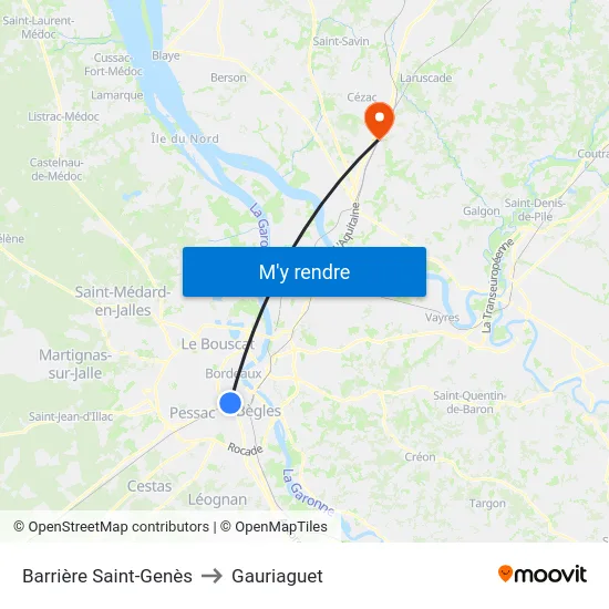 Barrière Saint-Genès to Gauriaguet map