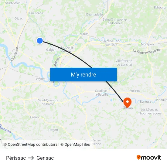 Périssac to Gensac map