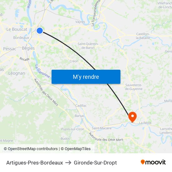 Artigues-Pres-Bordeaux to Gironde-Sur-Dropt map