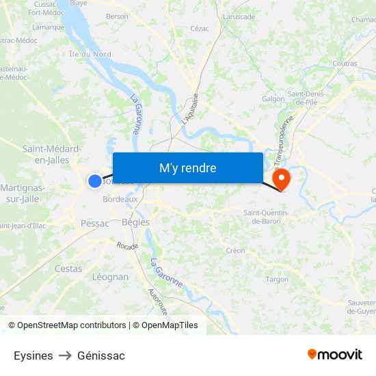 Eysines to Génissac map