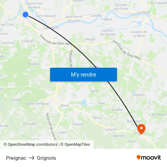 Preignac to Grignols map