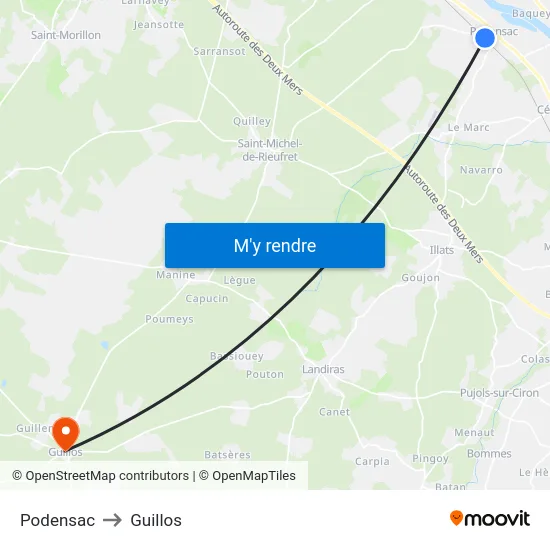 Podensac to Guillos map