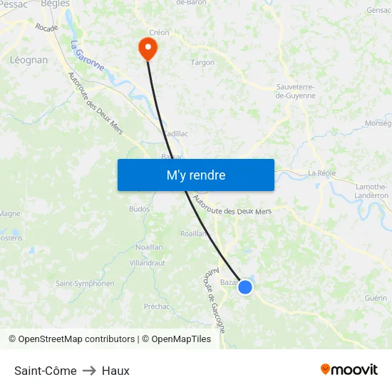 Saint-Côme to Haux map