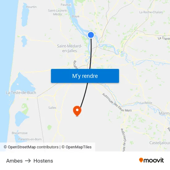 Ambes to Hostens map