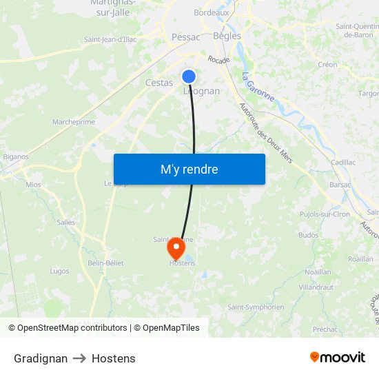 Gradignan to Hostens map