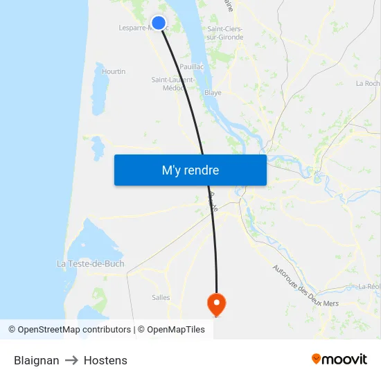 Blaignan to Hostens map