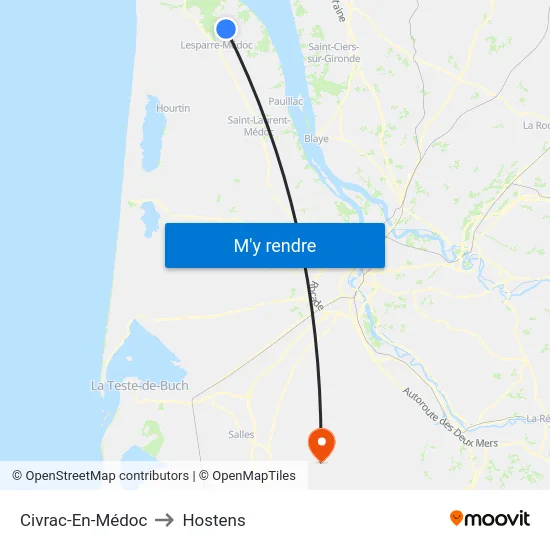 Civrac-En-Médoc to Hostens map