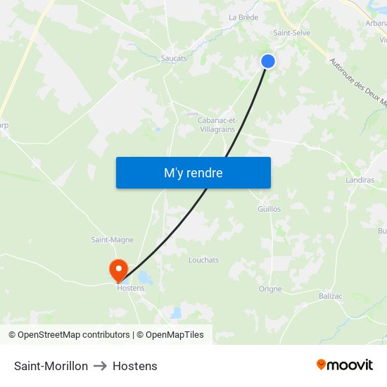 Saint-Morillon to Hostens map