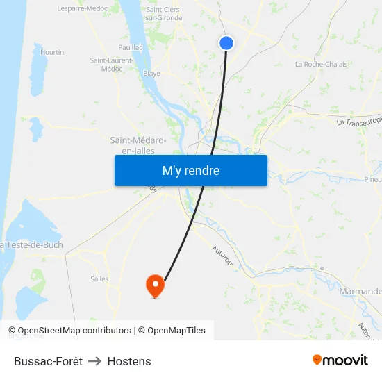 Bussac-Forêt to Hostens map