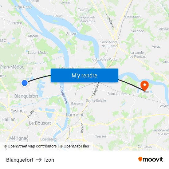 Blanquefort to Izon map
