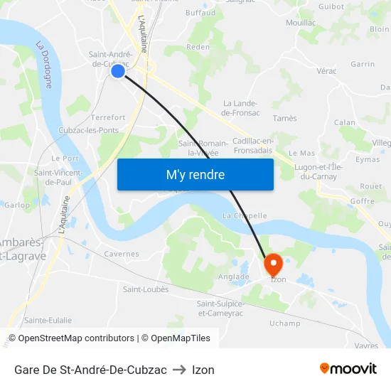 Gare De St-André-De-Cubzac to Izon map