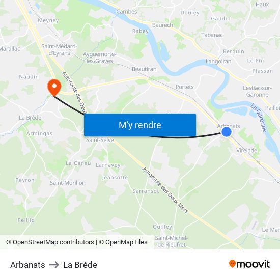 Arbanats to La Brède map
