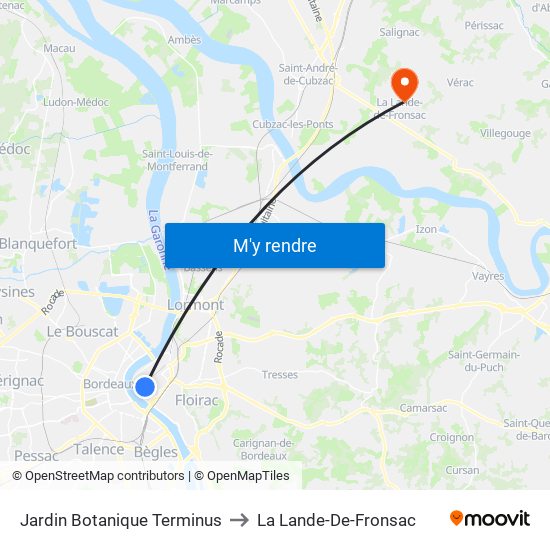 Jardin Botanique Terminus to La Lande-De-Fronsac map