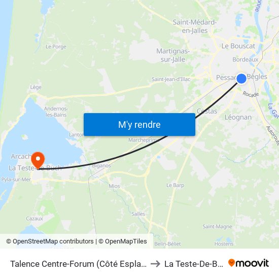 Talence Centre-Forum (Côté Esplanade) to La Teste-De-Buch map