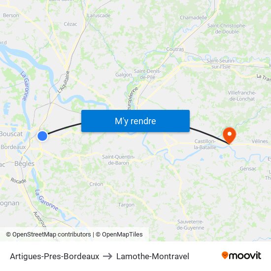 Artigues-Pres-Bordeaux to Lamothe-Montravel map