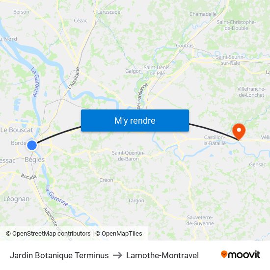 Jardin Botanique Terminus to Lamothe-Montravel map